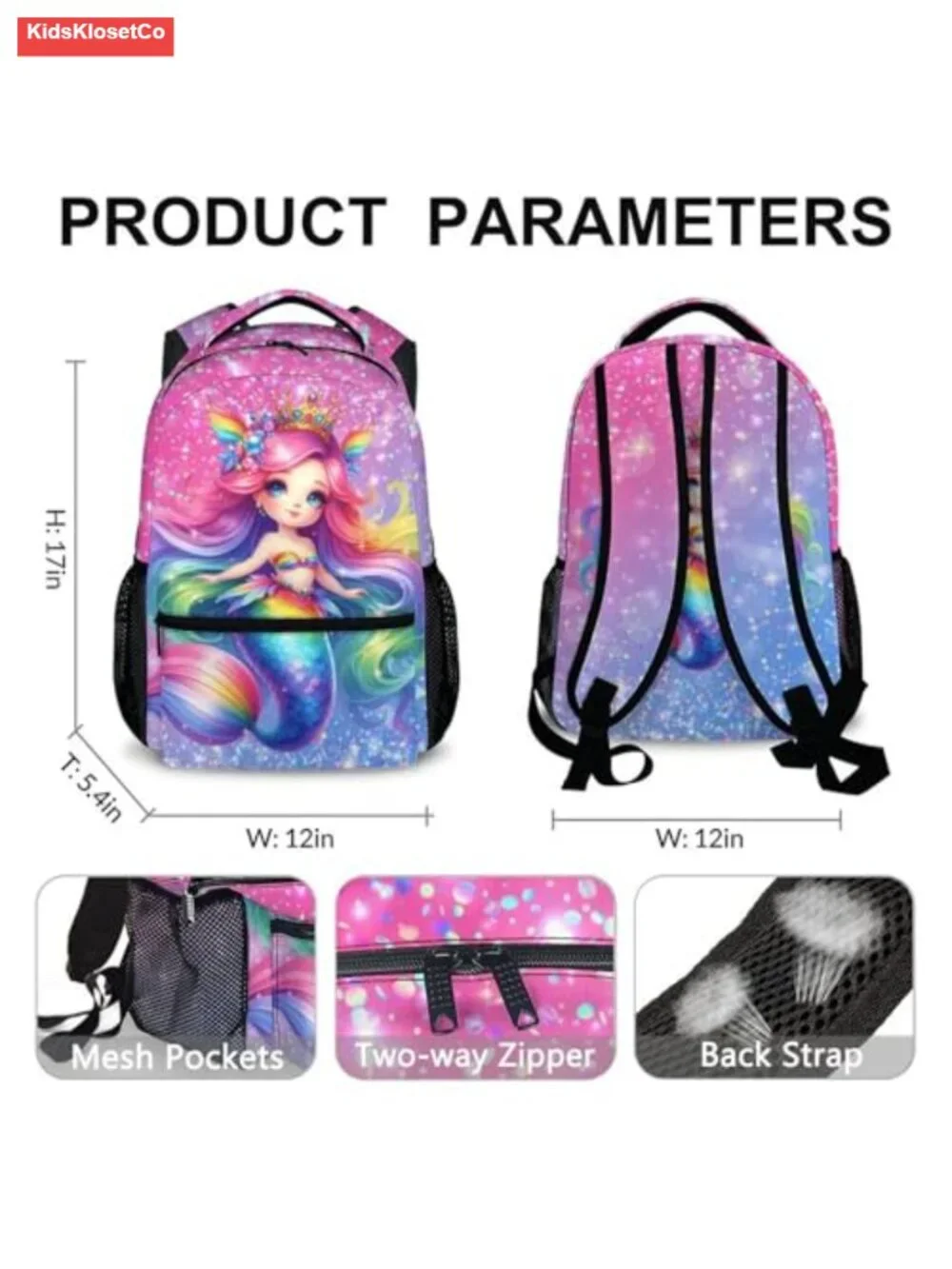 Girls Mermaid School Backpack 17'' Large Capacity Lightweight Polyester Bookbag